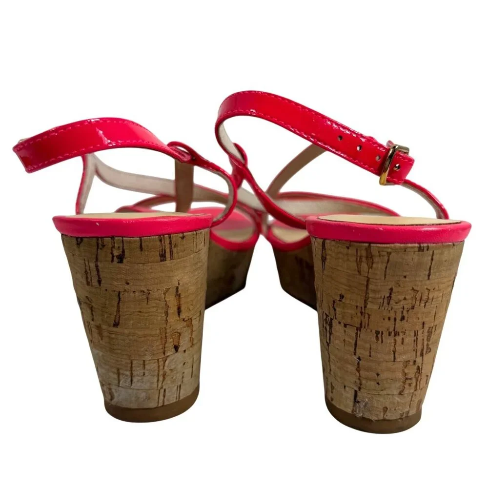 KATE SPADE Hot Pink Patent Cork Wedge Platform Sandal Strappy Heels Size 8